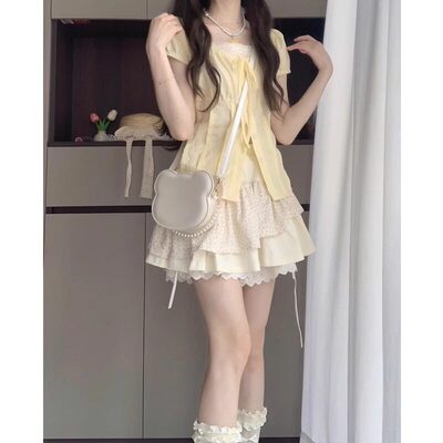 温柔甜妹奶乖穿搭套装裙女夏假两件收腰衬衫碎花百褶短裙子两件套