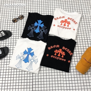 蓝橘十字架印花T恤男女宽松休闲街头风长袖 上衣潮牌打底oversize