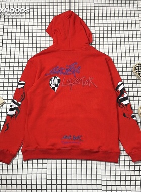 大红色过年喜庆卡通英文图腾十字架潮潮嘴唇毛圈薄连帽衫男女卫衣