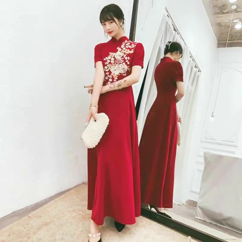 春季新款高级感敬酒服新娘礼服订货刺绣旗袍中袖新中式连衣裙女