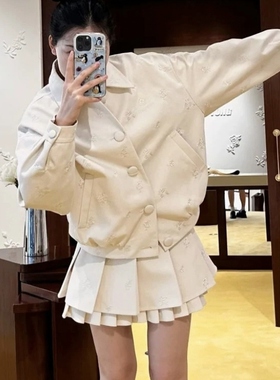 「孤品限量正版」亚麻奶黄色夹克外套棒球服刺绣毛呢西装百褶短裙