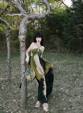 25孤品限量款】24春夏小众pengtai侘寂风新中式印花v领吊带连衣裙