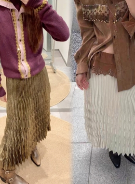 被999＋收藏【高定●设计师】千金名媛气质金色白色百褶裙长半裙