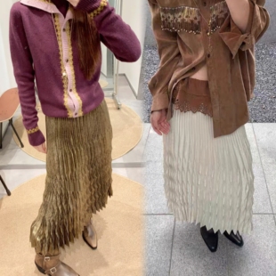 千金名媛气质金色白色百褶裙长半裙 设计师 被999＋收藏 高定