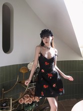 EVAN●正版SST纯欲花朵复古风吊带v领显瘦设计感蓬蓬裙短裙连衣裙