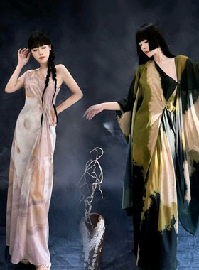 25孤品限量款】24pengtai小众侘寂风新中式印花不对称吊带连衣裙