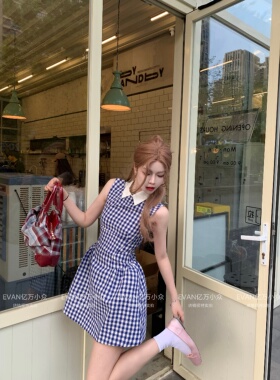 王炸显瘦！发财女同款【对版现货】蓝色格纹收腰连衣裙蓬蓬裙SST