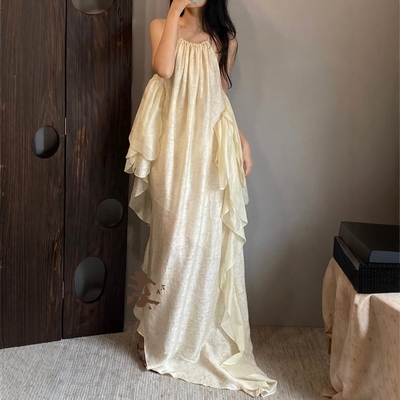 frej不规则吊带长裙露背礼服晨袍