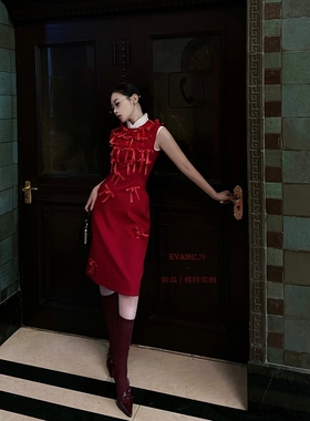 EVAN【正确版 | 圣诞穿搭】小众设计感复古红色蝴蝶结旗袍连衣裙