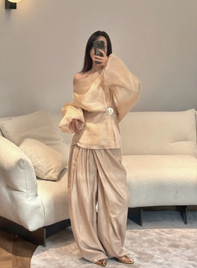 EVAN【正版设计师●纯真丝】度假风松弛感桑蚕丝上衣直筒长裤套装