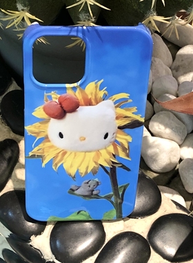 原创向日葵猫咪大头蓝色系夏日in适用于苹果菲林13pr全包安卓手机