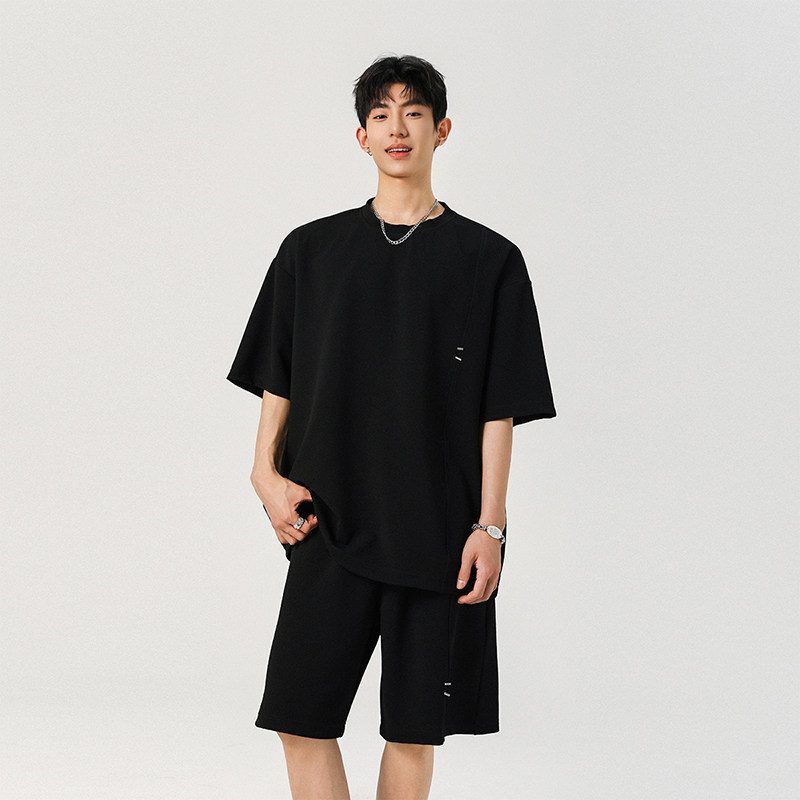 短袖短裤男生夏季纯色百搭设计感运动痞帅高街套装A321-TZ053-P60,男装休闲套装,电商A321