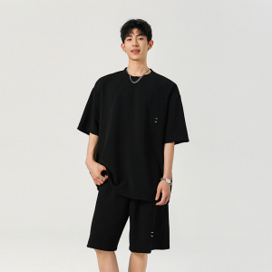 短袖短裤男生夏季纯色百搭设计感运动痞帅高街套装A321-TZ053-P60图片