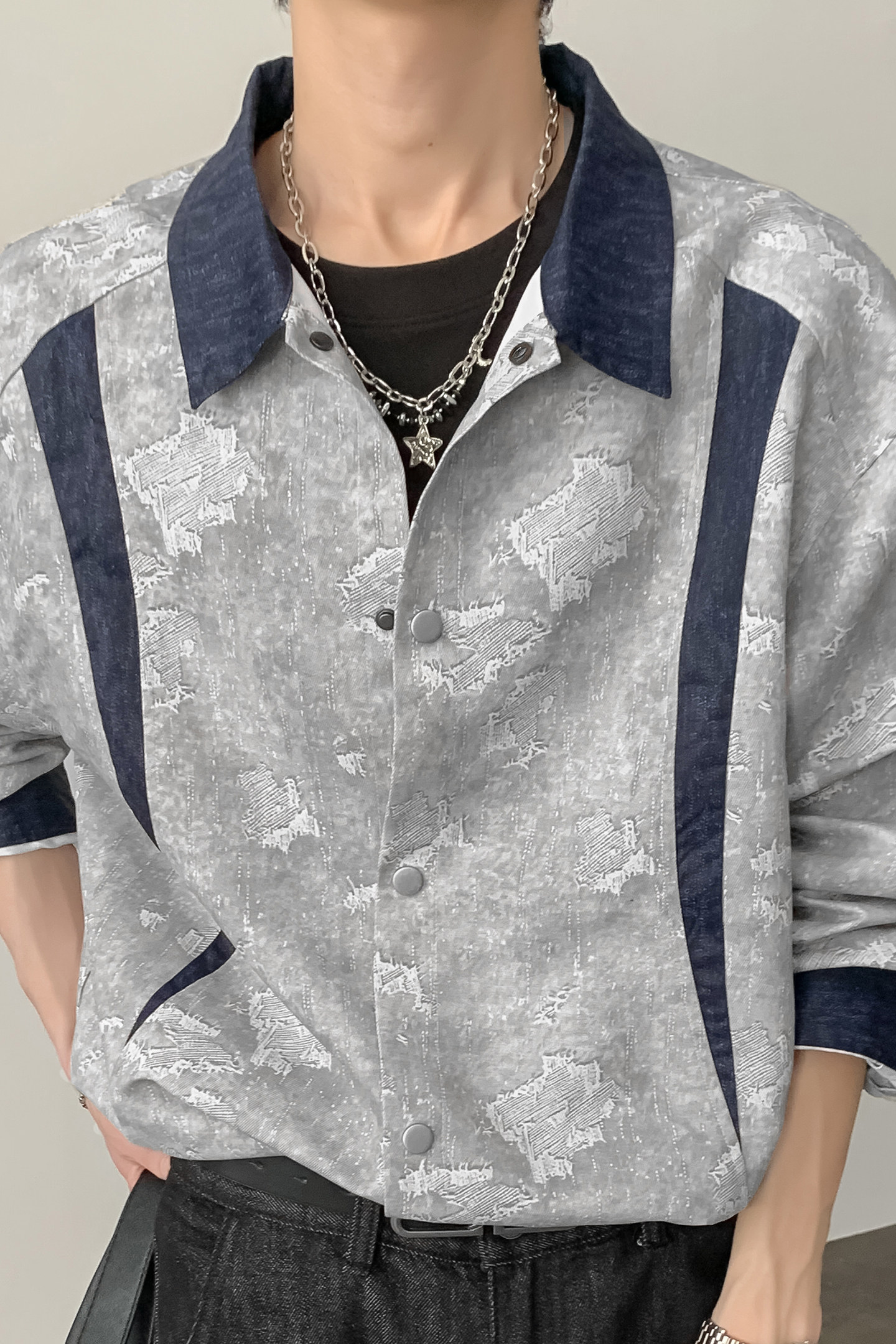 秋季老钱风休闲翻领衬衫拼色上衣A321-CS027-P60,男装衬衫,电商A321