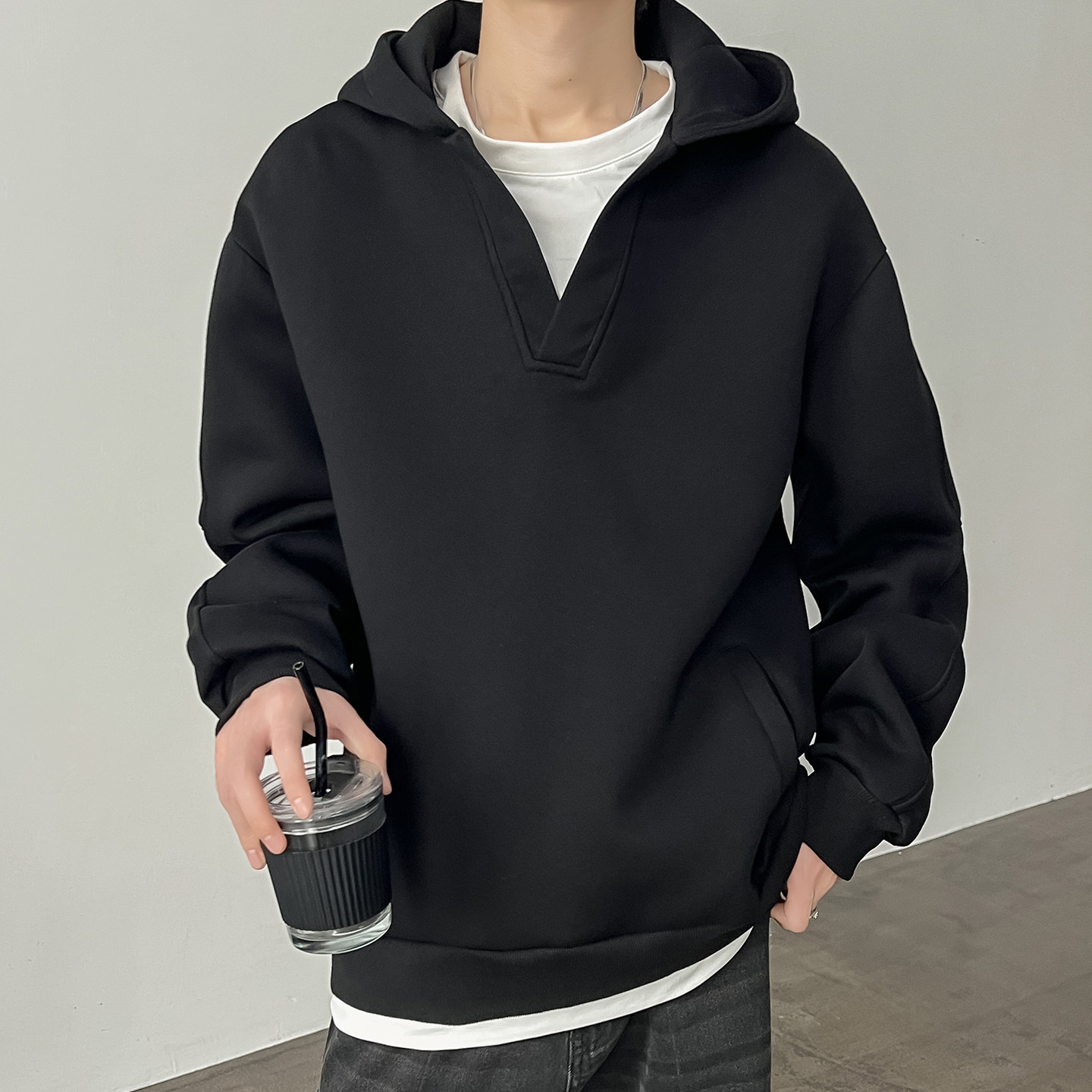 秋季假两件连帽纯色老钱风套头休闲宽松卫衣A321-WY019-P60控99,男装卫衣,电商A321