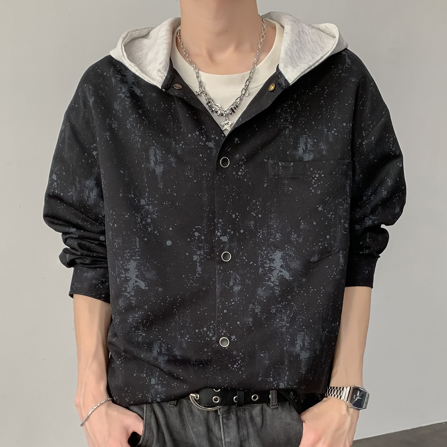 秋季老钱风泼墨休闲连帽衬衫宽松上衣A321-CS026-P60控99,男装衬衫,电商A321