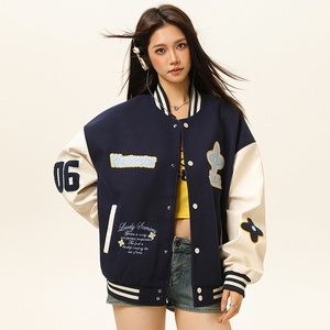 现货春秋棒球服外套男女刺绣PU休闲宽松百搭夹克A321-J9955-P90图片