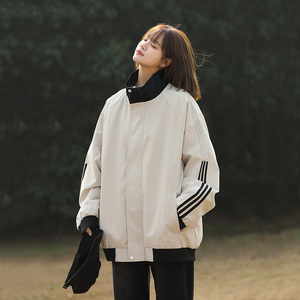 现货春秋美式条纹运动立领夹克男女宽松百搭外套A321-J7801-P60图片