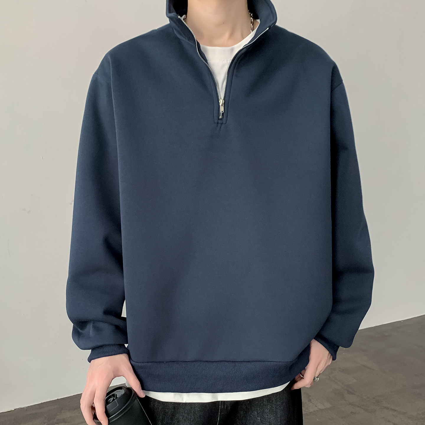 秋季老钱风纯色百搭假两件套头卫衣A321-WY018-P55控89,男装卫衣,电商A321