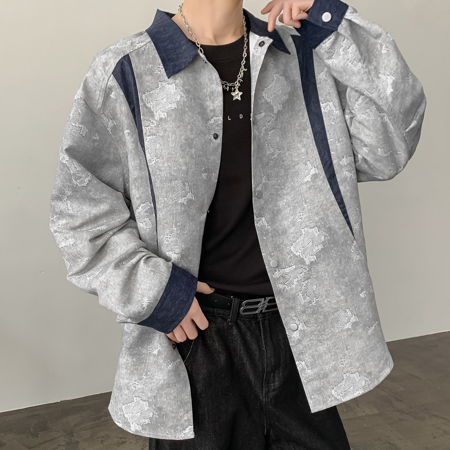 秋季老钱风休闲翻领衬衫拼色上衣A321-CS027-P60,男装衬衫,电商A321