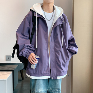 现货假两件夹克春秋连帽冲锋衣宽松潮牌休闲外套A321-J763-P68图片