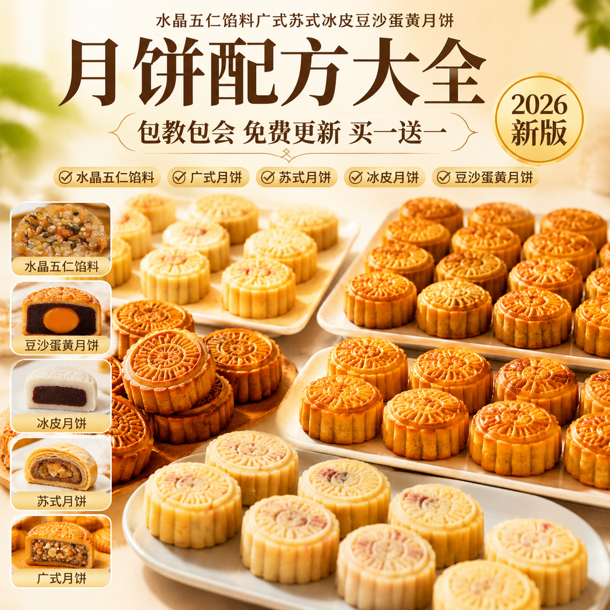 月饼技术配方制作教程水晶五仁广式苏式冰皮豆沙蛋黄馅料烘焙资料