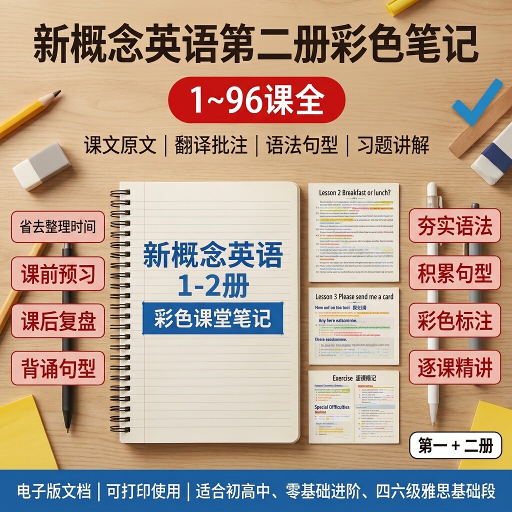 新概念英语1-2册彩色笔记 课文翻译语法句型习题讲解电子版资料