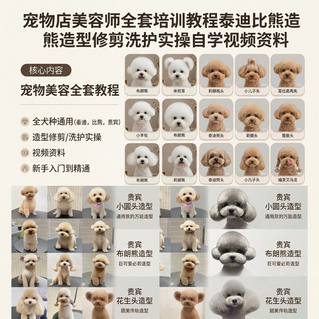 宠物店美容师全套培训教程泰迪比熊贵宾造型修剪洗护新手自学实操