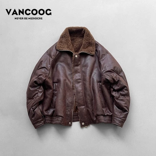 凡购冬季美式潮牌复古加绒皮衣保暖短款宽松外套美拉德PU皮夹克男