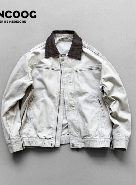 凡购春季美式潮牌水洗纯棉外套vintage做旧工装翻领底特律夹克男