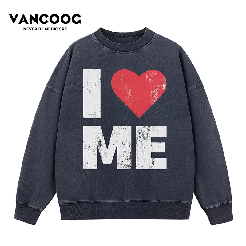 VANCOOG秋季美式潮牌480克炒盐做旧字母印花宽松套头潮牌卫衣