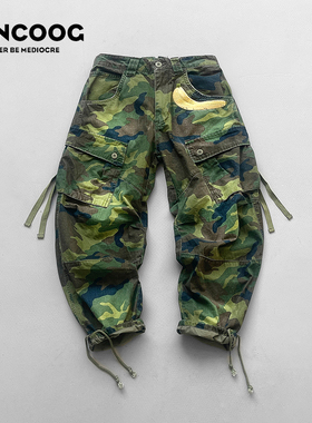 VANCOOG春季美潮迷彩水洗宽松纯棉百搭低裆哈伦跨裤工装休闲裤男