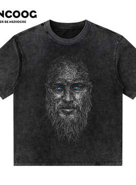 VANCOOG夏季美式潮牌做旧水洗蜡染纯棉宽松线稿头像印花短袖t恤男