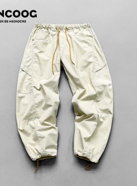 凡购春季美式潮牌宽松水洗工装裤弯刀哈伦裤脚口抽绳大码休闲裤男