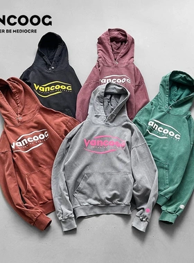 VANCOOG春季美潮牌重磅炒盐做旧立体字母印花帽衫宽松连帽卫衣男