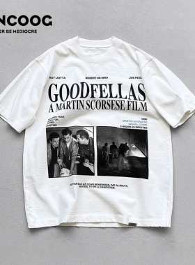 VANCOOG夏季美式重磅破洞纯棉电影海报印花宽松高街短袖圆领T恤男