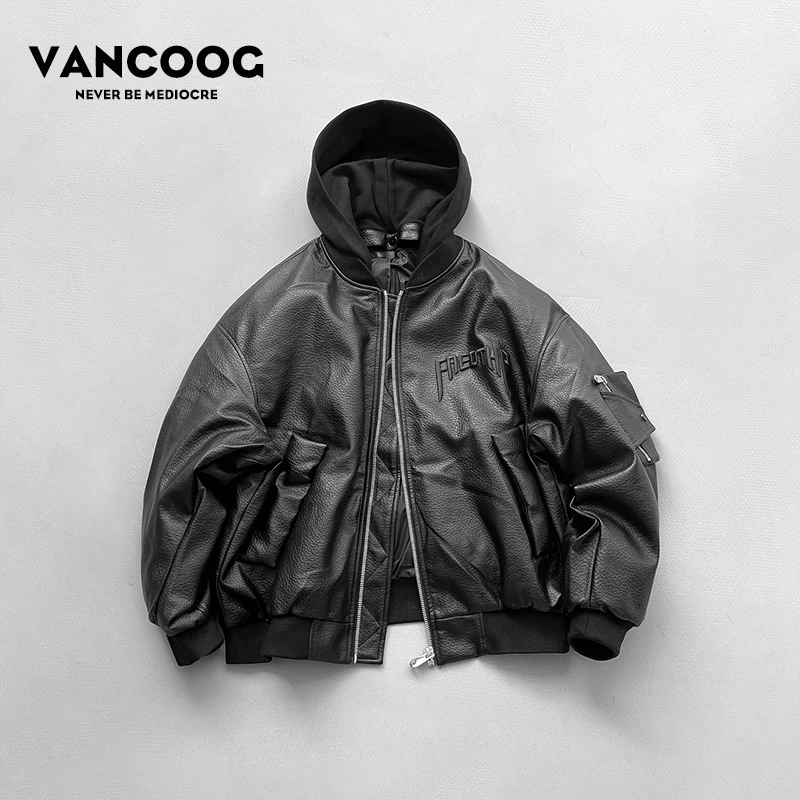 凡购冬季宽松连帽PU皮羽绒夹克外套短款白鸭绒加厚保暖羽绒服男潮