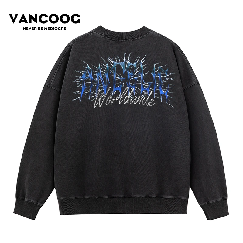 VANCOOG秋季美式潮牌480克炒盐做旧字母印花外套宽松套头卫衣男潮