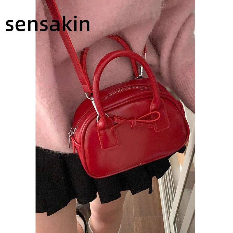 sensakin韩国手提蝴蝶结红色包包女2025新款潮春夏时尚百搭斜挎包