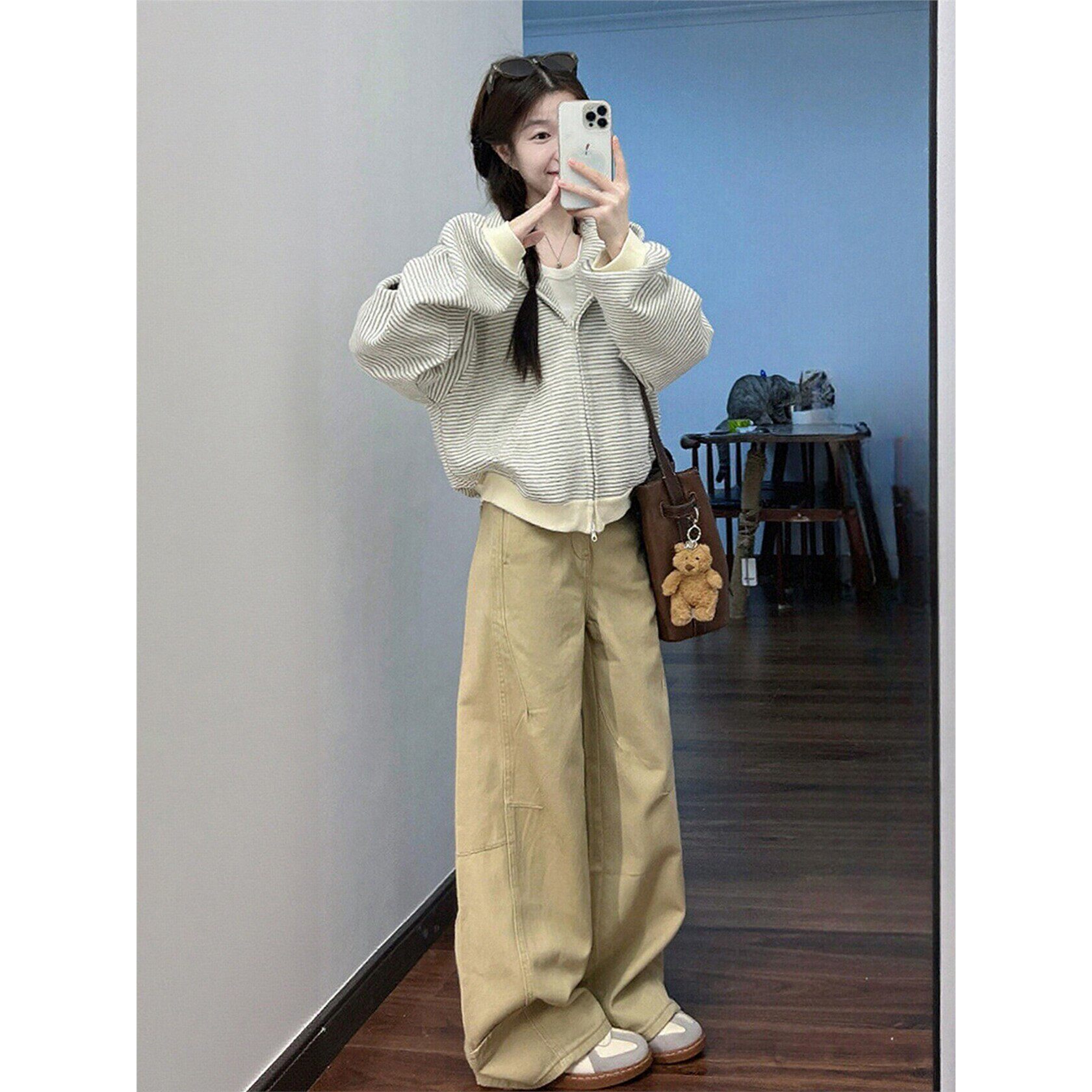 韩系慵懒风条纹拉炼连帽卫衣外套女2026新款初春百搭显瘦开衫上衣