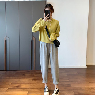 灰色运动裤女秋冬宽松百搭学生卫裤休闲小脚显瘦哈伦裤九分萝卜裤