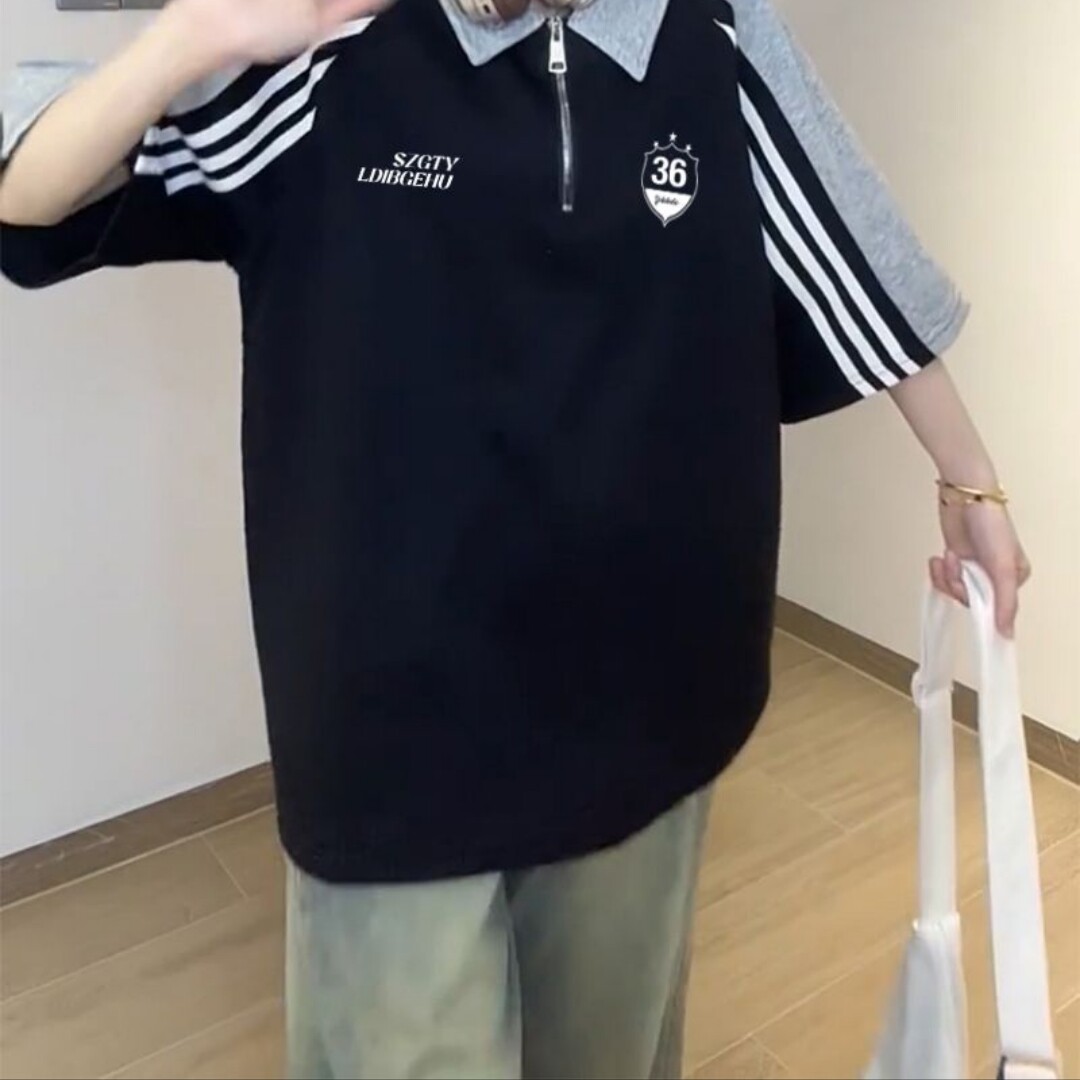 250克潮牌双面短袖t恤女夏新款韩系插肩袖条纹POLO领上衣