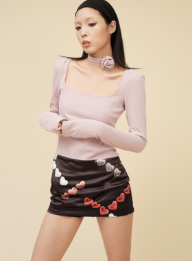 Why Winter House 22AW 藕紫色花朵choker复古华夫格大方领打底衫