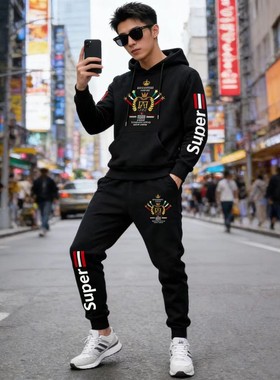 传奇保罗男士帽子套装加绒长袖长裤两件套休闲保暖防风运动装
