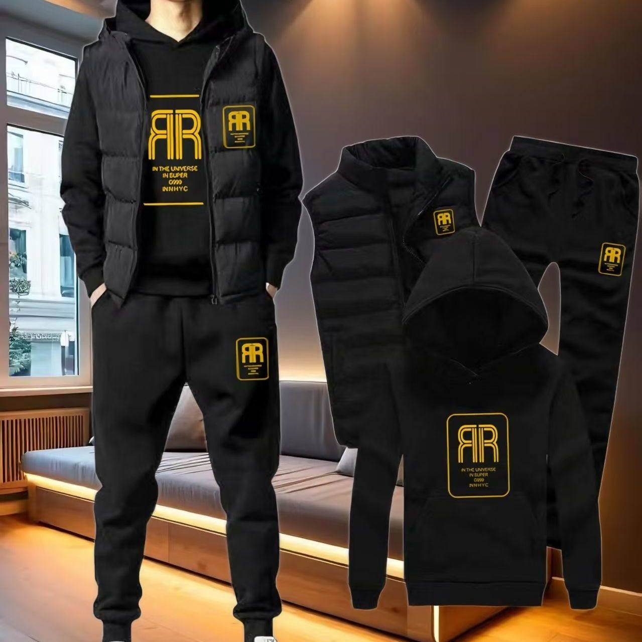 2026秋冬马甲卫衣三件套男加绒厚保暖帅气潮流衣服运动套装休