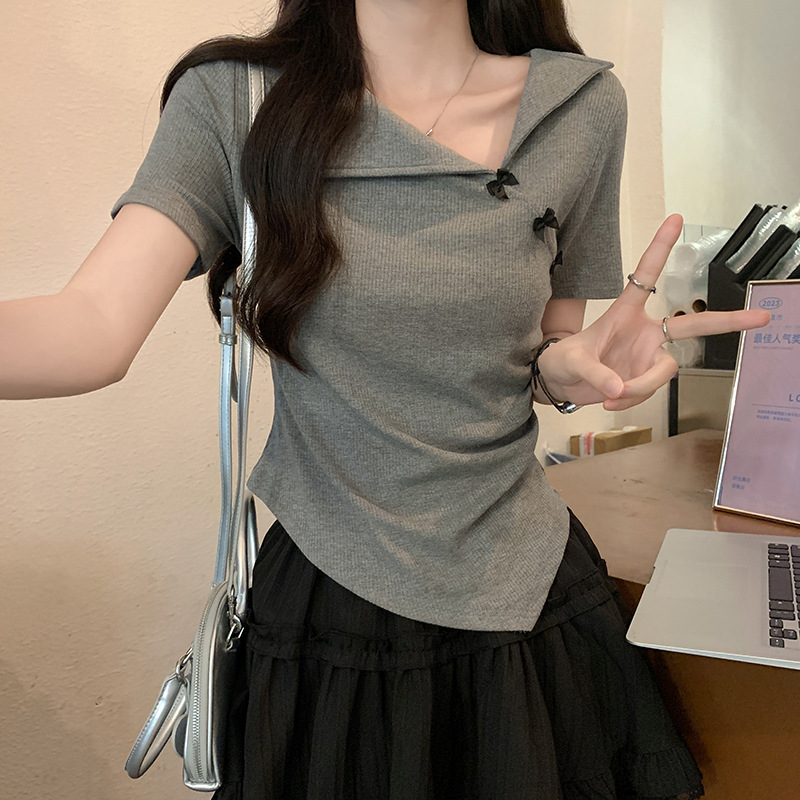 不规则短袖t恤女夏季修身收腰褶皱设计感小众蝴蝶结翻领正肩上衣