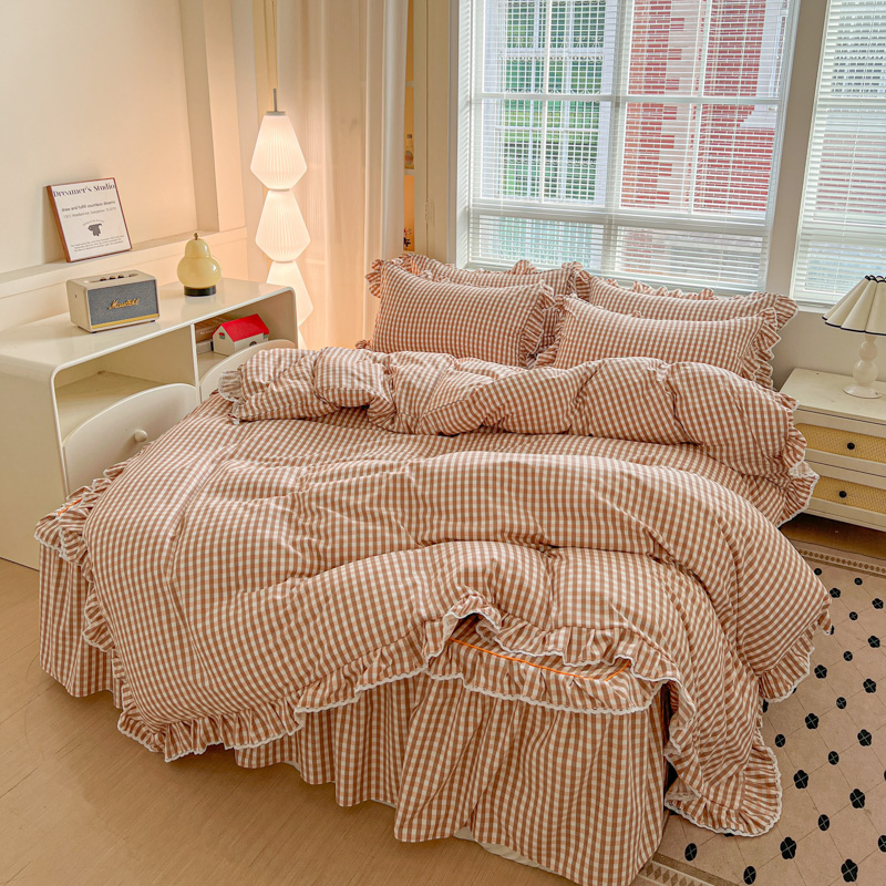 韩版花边床裙纯棉四件套格子床罩床单床垫保护套加厚单人床三件套