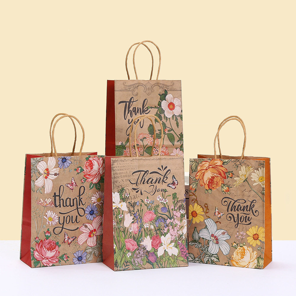 10只 复古繁花系列thank you牛皮纸手提袋礼物礼品包装节日礼品袋