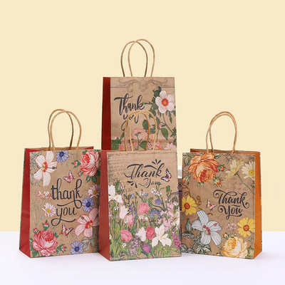 10只 复古繁花系列thank you牛皮纸手提袋礼物礼品包装节日礼品袋