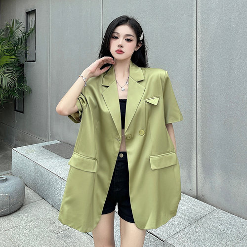 现货，现货醋酸缎面西装外套女夏薄款短袖高级感廓形垫肩西服上衣